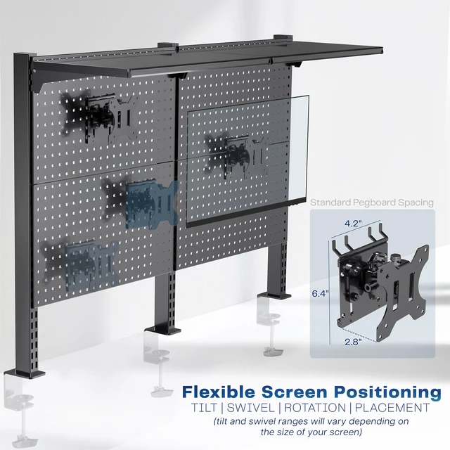 Alt view image 5 of 7 - VIVO Black Steel Clamp-on 47" Pegboard with Monitor Mounts & Overhead Shelf