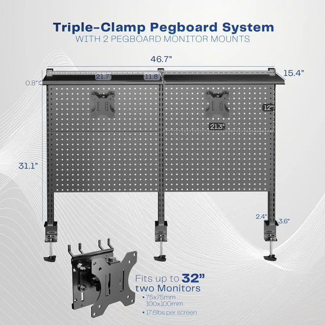 Alt view image 3 of 7 - VIVO Black Steel Clamp-on 47" Pegboard with Monitor Mounts & Overhead Shelf