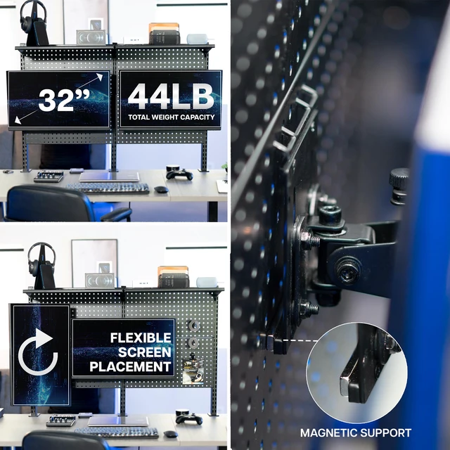 Alt view image 4 of 7 - VIVO Black Steel Clamp-on 47" Pegboard with Monitor Mounts & Overhead Shelf