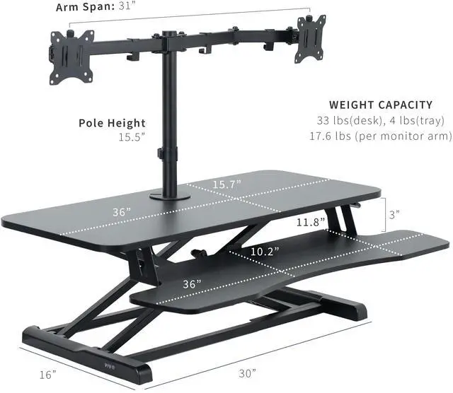 Alt view image 3 of 7 - VIVO Black 36" Standing Desk Riser with Adjustable Dual 13" to 30" Monitor Mount