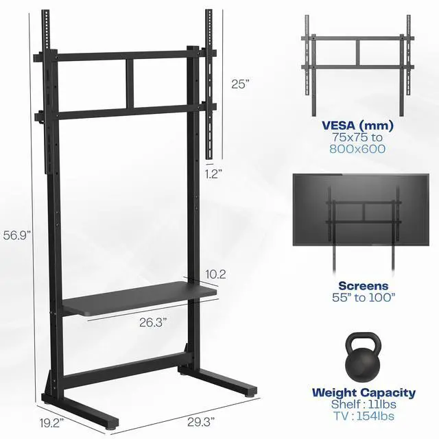 Alt view image 3 of 7 - VIVO Black Heavy Duty 100" TV Screen Floor Stand with Storage Shelf