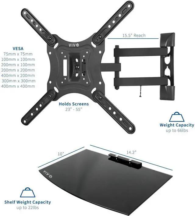 Alt view image 2 of 7 - VIVO Black 23" to 55" Screen Adjustable TV Wall Mount & AV, DVD Floating Shelf
