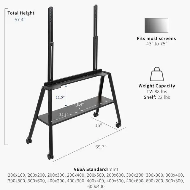 Alt view image 4 of 7 - VIVO Black Rolling Easel Studio TV Floor Stand + Shelf, Fits 43" to 75" Screens