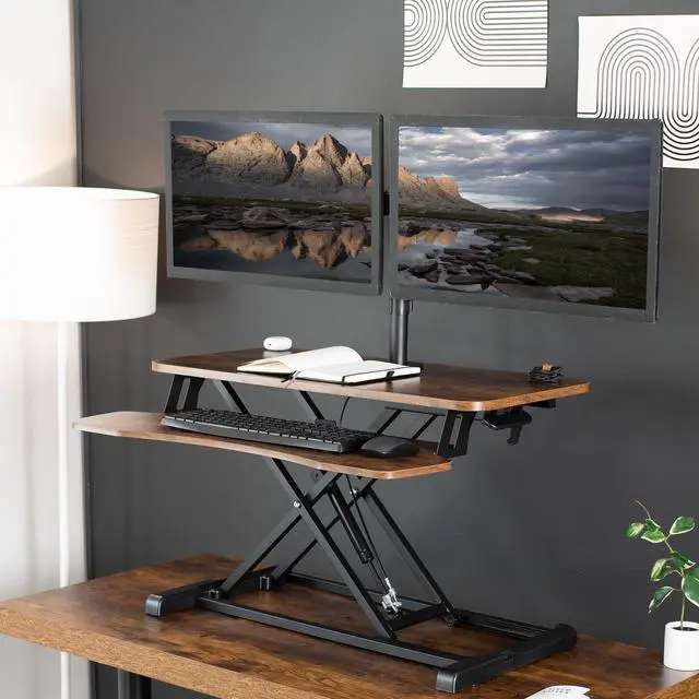 Alt view image 2 of 7 - VIVO Vintage Brown/Black 32" Standing Desk Riser with Dual 13"-30" Monitor Mount