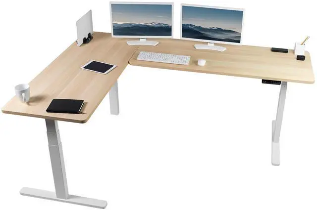 Main image of VIVO Electric 83" x 60" Stand Up Corner Desk, Light Wood Table Tops, White Frame