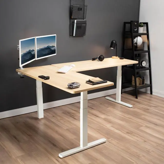 Alt view image 2 of 7 - VIVO Electric 83" x 60" Stand Up Corner Desk, Light Wood Table Tops, White Frame