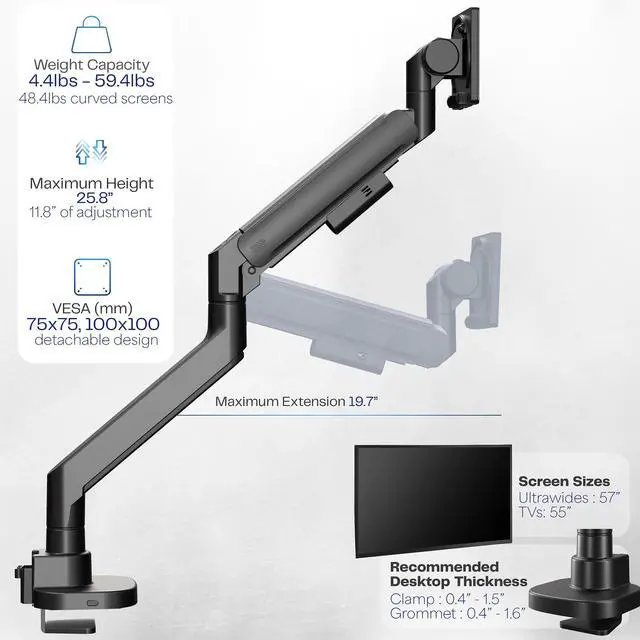 Alt view image 4 of 7 - VIVO Black Pneumatic Arm Single Ultrawide Computer Monitor Desk Mount