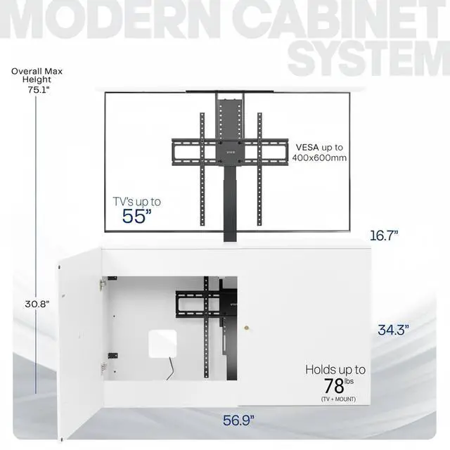Alt view image 3 of 7 - VIVO White Cabinet with Motorized TV Stand, Fits 32" to 55" Screens