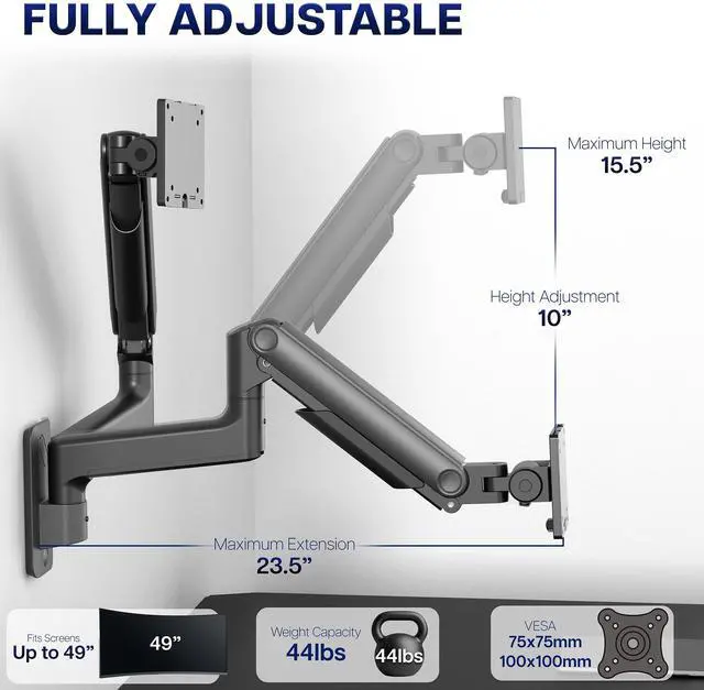 Alt view image 3 of 7 - VIVO Tension Arm Monitor Wall Mount, Fits Ultrawide Screens up to 49"