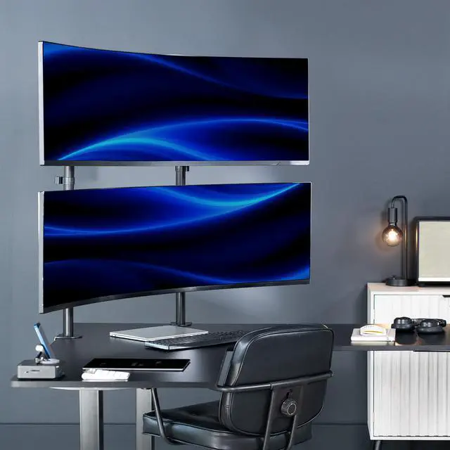 Alt view image 2 of 7 - VIVO Dual Ultrawide Stacked Monitor Desk Mount, 2 Poles, 2 Screens up to 57"