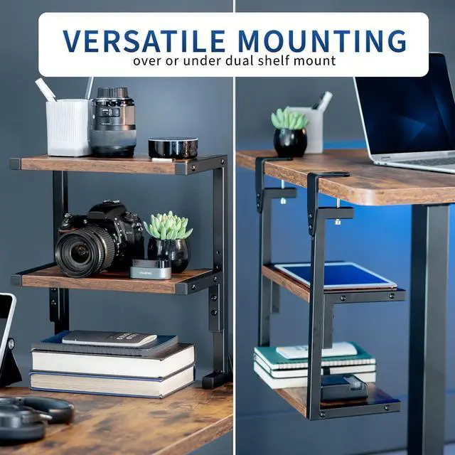 Alt view image 4 of 7 - VIVO Vintage Brown Clamp-on 13" Above or Below Desk 2-Tier Shelving Unit