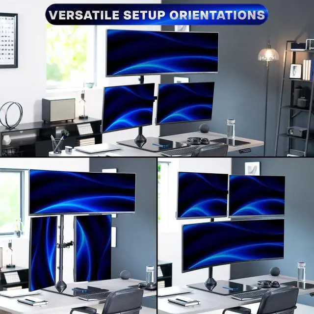 Alt view image 6 of 7 - VIVO Triple Monitor Glass Base Desk Stand, 1 Ultrawide to 49", 2 Standard to 27"