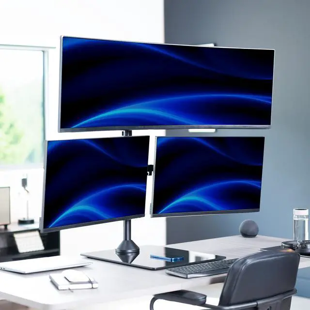 Alt view image 2 of 7 - VIVO Triple Monitor Glass Base Desk Stand, 1 Ultrawide to 49", 2 Standard to 27"