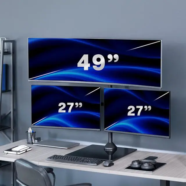 Alt view image 4 of 7 - VIVO Triple Monitor Glass Base Desk Stand, 1 Ultrawide to 49", 2 Standard to 27"