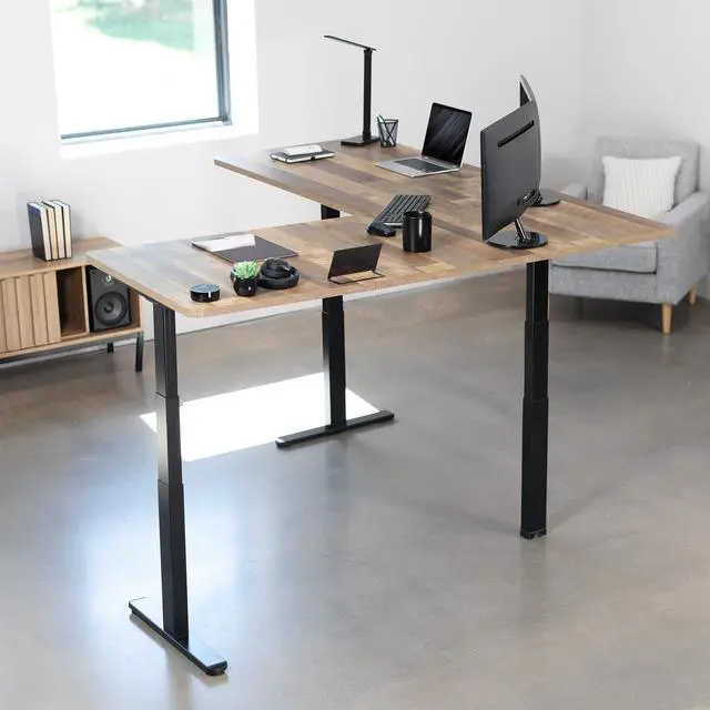Alt view image 7 of 7 - VIVO Electric 77" x 71" Corner Desk, Reclaimed Wood Table Tops, Black Frame