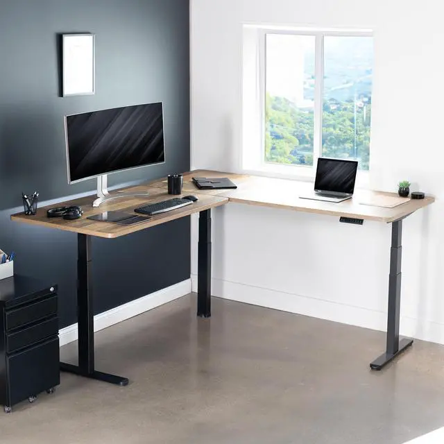 Alt view image 2 of 7 - VIVO Electric 77" x 71" Corner Desk, Reclaimed Wood Table Tops, Black Frame