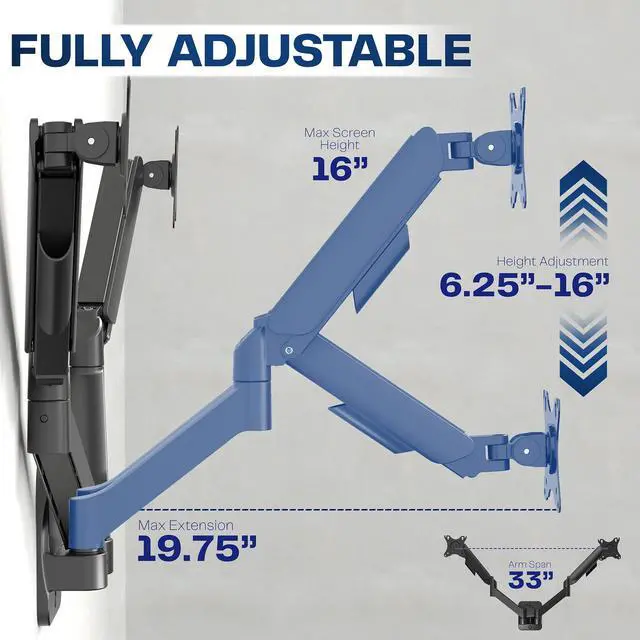 Alt view image 3 of 7 - VIVO Pneumatic Spring Arm Dual Monitor Wall Mount 17" - 32" Computer Screens