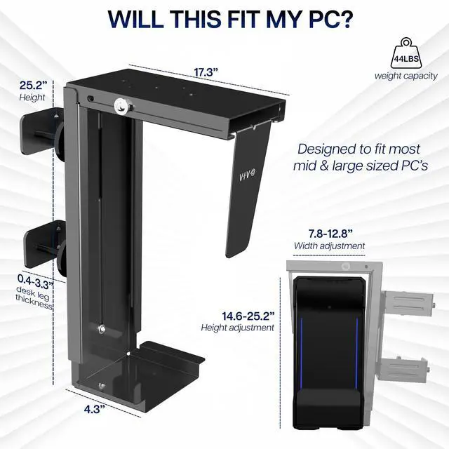Alt view image 3 of 7 - VIVO Steel Adjustable Clamp-on Desk Leg Large PC Mount, Computer Case CPU Holder