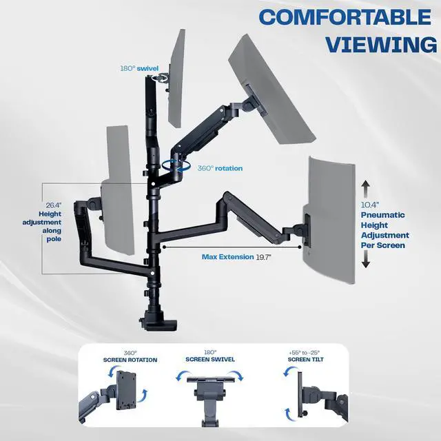 Alt view image 7 of 7 - VIVO Pneumatic Quad Ultrawide Computer Monitor Desk Mount for Screens upto 49"