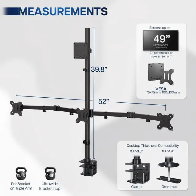 Alt view image 3 of 7 - VIVO Quad Computer Monitor Desk Mount, 1 Ultrawide to 49", 3 Standard to 27"