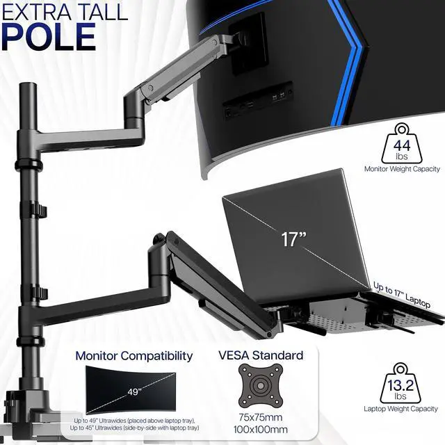 Alt view image 6 of 7 - VIVO Pneumatic Arm Ultrawide Monitor and Laptop Desk Mount for Screens up to 49"