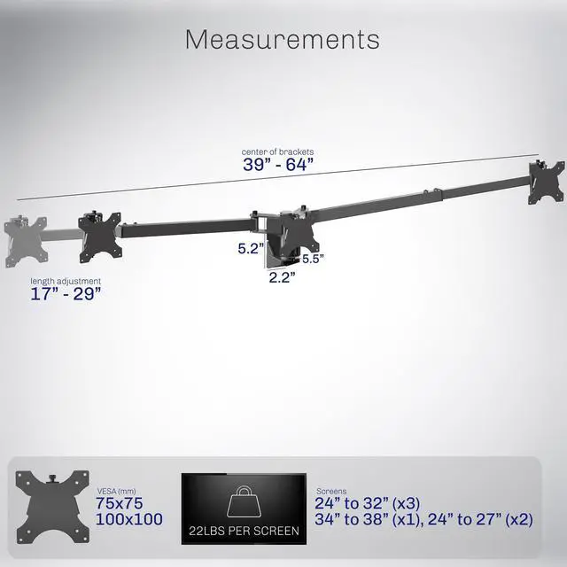 Alt view image 3 of 7 - VIVO Premium Telescoping Triple Monitor Wall Mount for 3 Screens up to 22 lbs