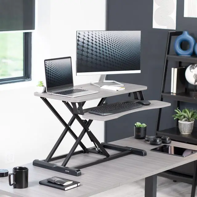 Alt view image 2 of 7 - VIVO Gray Height Adjustable Standing Desk Monitor Riser, 32" Sit Stand Tabletop