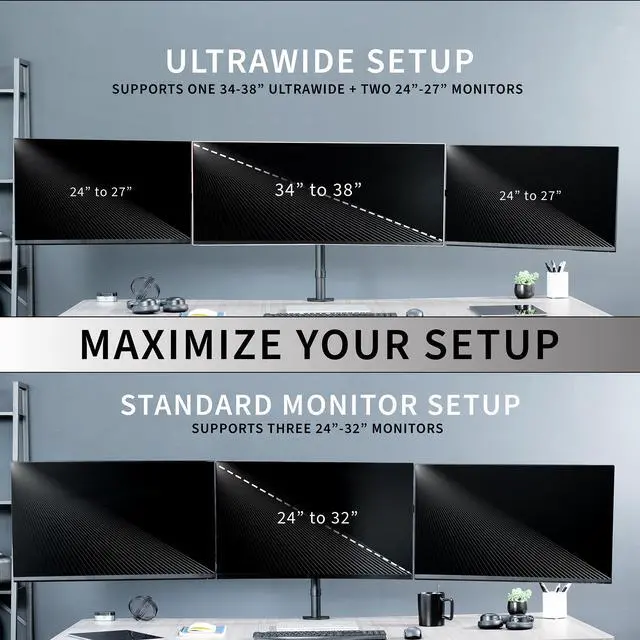 Alt view image 7 of 7 - VIVO Telescoping Triple Computer Monitor Desk Mount, Heavy Duty Stand
