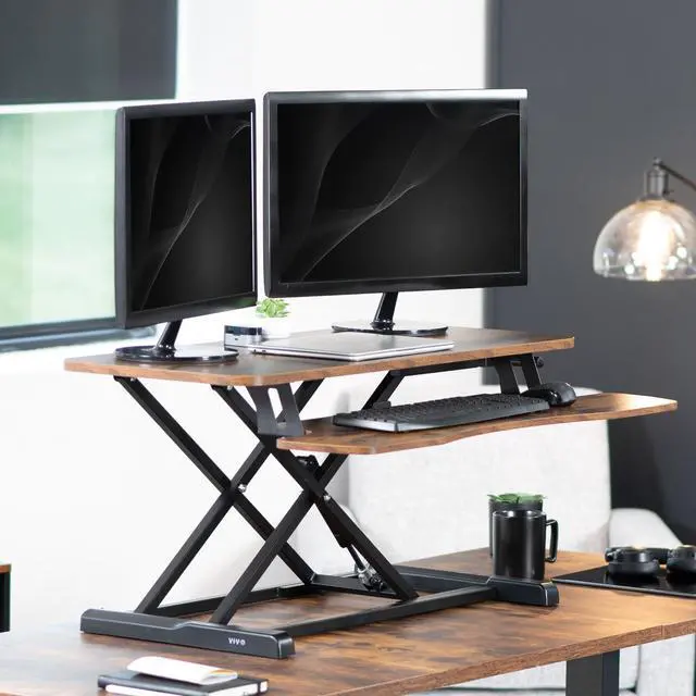 Alt view image 2 of 7 - VIVO Vintage Brown Height Adjustable 36" Standing Desk Monitor Riser Black Frame