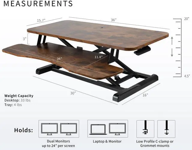 Alt view image 3 of 7 - VIVO Vintage Brown Height Adjustable 36" Standing Desk Monitor Riser Black Frame