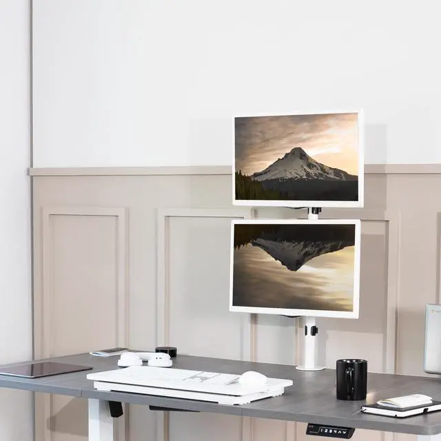 Alt view image 2 of 7 - White Dual LCD Monitor Desk Mount Stand, Stacked Vertical 2 Screens up to 34"