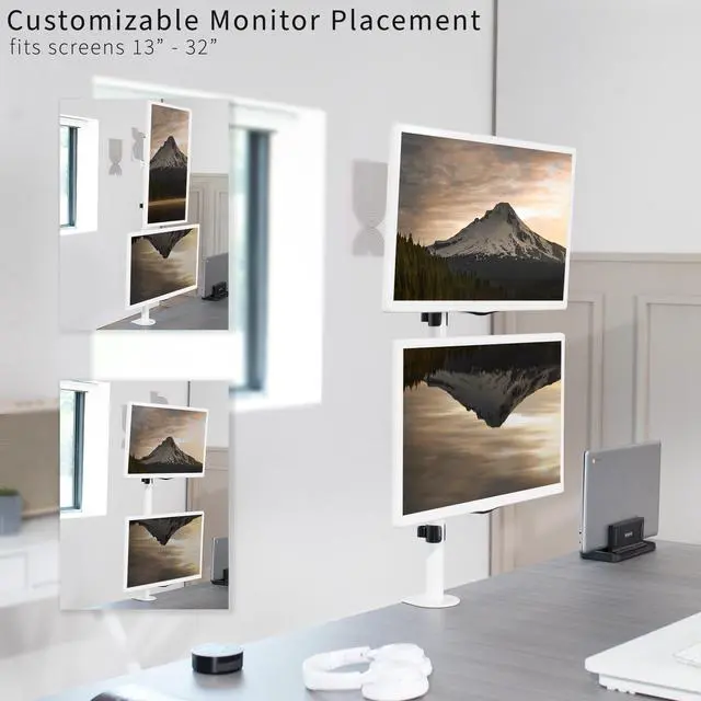 Alt view image 4 of 7 - White Dual LCD Monitor Desk Mount Stand, Stacked Vertical 2 Screens up to 34"