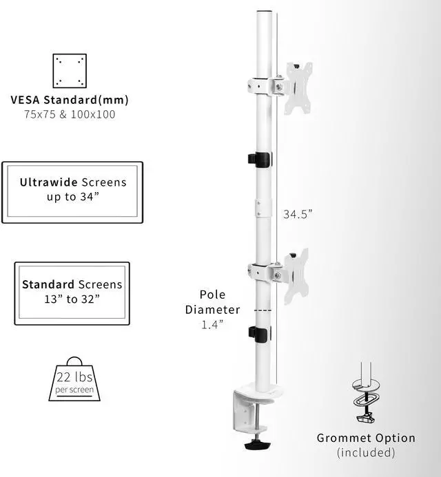 Alt view image 3 of 7 - White Dual LCD Monitor Desk Mount Stand, Stacked Vertical 2 Screens up to 34"