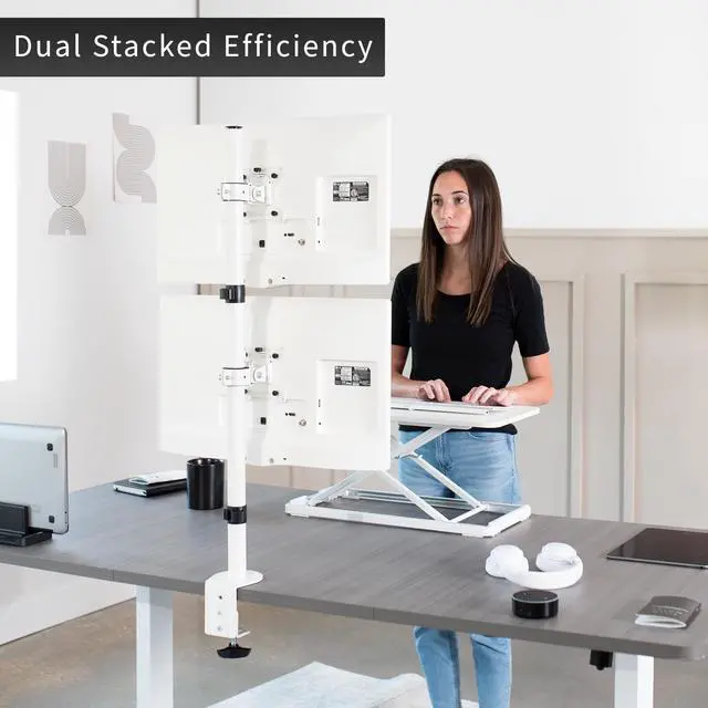 Alt view image 5 of 7 - White Dual LCD Monitor Desk Mount Stand, Stacked Vertical 2 Screens up to 34"