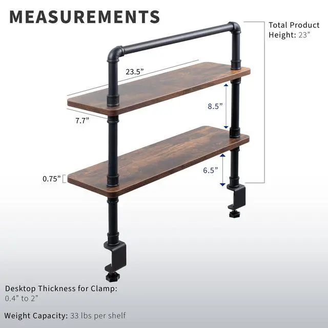 Alt view image 3 of 7 - VIVO Clamp-on 24 inch 2-Tier Decorative Industrial Pipe Shelves, Vintage Brown