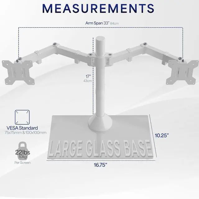Alt view image 4 of 7 - VIVO White Dual Monitor Adjustable Mount w/ Glass Base, Fits 2 Screens up to 32"
