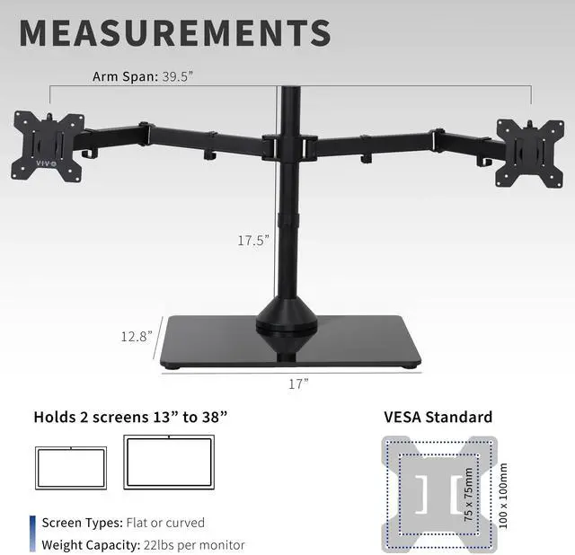 Alt view image 4 of 7 - VIVO Dual Computer Monitor Mount with Glass Base for 2 Ultrawides up to 38"
