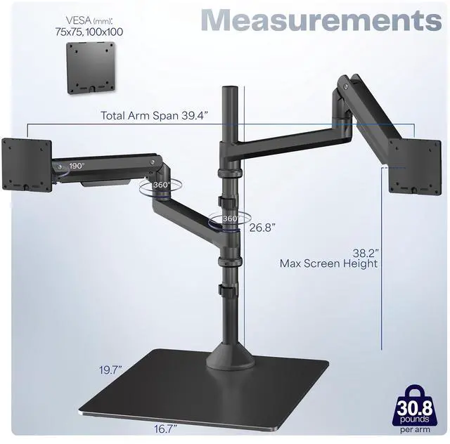 Alt view image 3 of 7 - VIVO Pneumatic Dual Ultrawide Monitor Desk Stand, Up to 49 inch Computer Screens