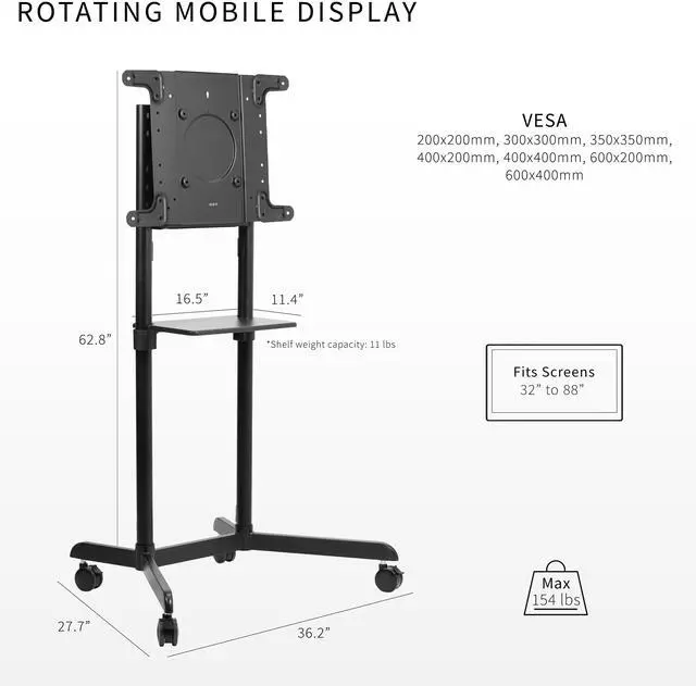 Alt view image 4 of 7 - VIVO Black Mobile Portrait to Landscape TV Cart for 32" to 88" Flat Screens