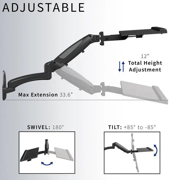 Alt view image 4 of 7 - VIVO Pneumatic Keyboard & Mouse Platform Wall Mount, Keyboard Tray Arm
