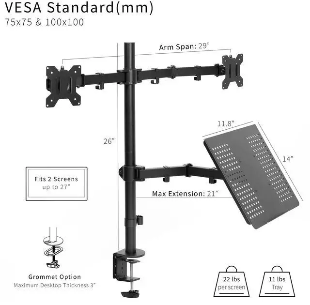 Alt view image 3 of 8 - VIVO Dual 13" to 27" Monitor Mount with Laptop Holder, Tall Adjustable Stand
