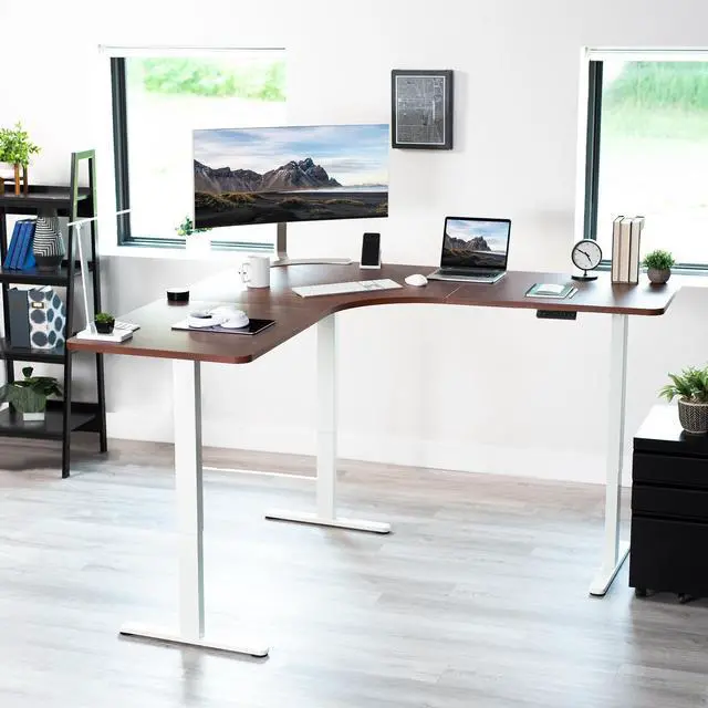 Alt view image 7 of 7 - VIVO Dark Walnut / White Electric 71" x 71" Curved Corner Stand Up Desk