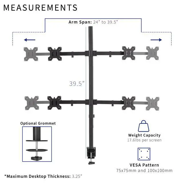 Alt view image 6 of 7 - VIVO Telescoping Quad Ultra Wide 27" to 38" Monitor Heavy Duty Desk Mount Stand