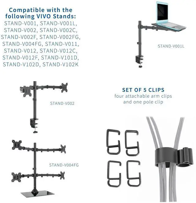 Alt view image 2 of 6 - VIVO Black Cable Clip Kit for Monitor Stands | 1 Pole Clip + 4 Arm Clips