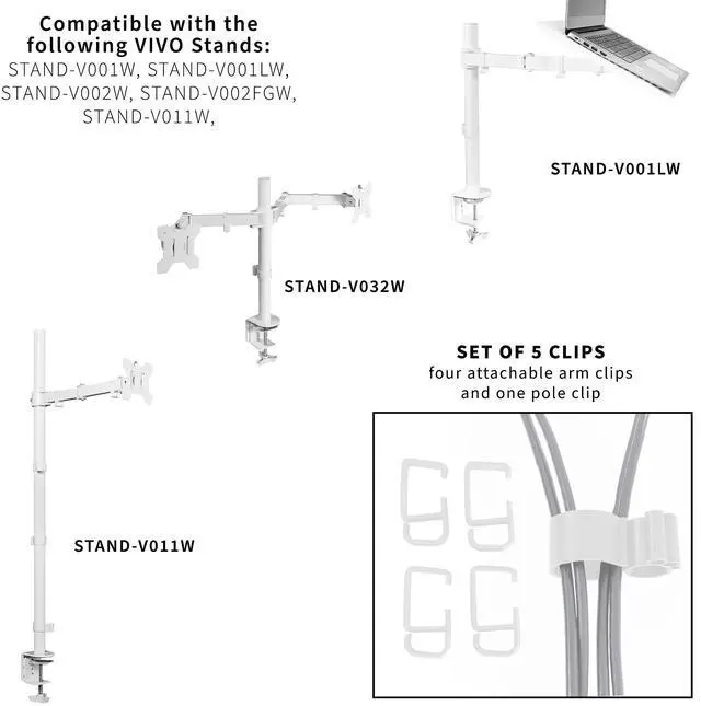Alt view image 2 of 7 - VIVO White Cable Clip Kit for Monitor Stands | 1 Pole Clip + 4 Arm Clips