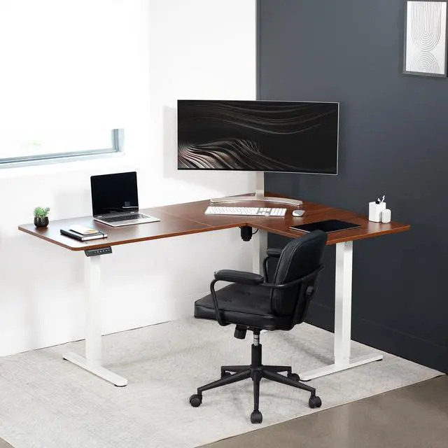 Alt view image 7 of 7 - VIVO Dark Walnut / White Electric 63" x 47" Corner Standing Desk