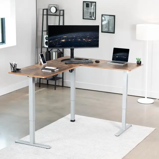 Alt view image 2 of 7 - VIVO Vintage Brown / Gray Electric 63" x 55" Corner Desk, L-Shaped Workstation