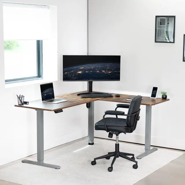 Alt view image 7 of 7 - VIVO Vintage Brown / Gray Electric 63" x 55" Corner Desk, L-Shaped Workstation