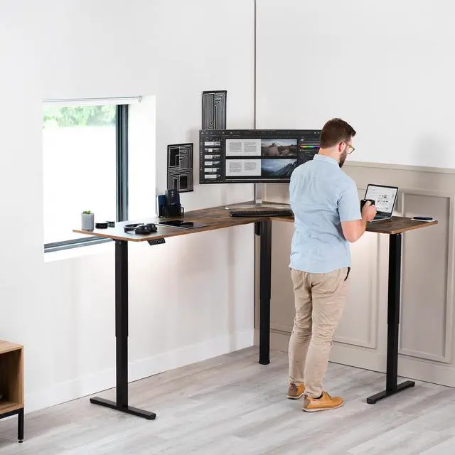 Alt view image 2 of 7 - VIVO Rustic Vintage Brown / Black Electric 75" x 63" Corner Desk Workstation
