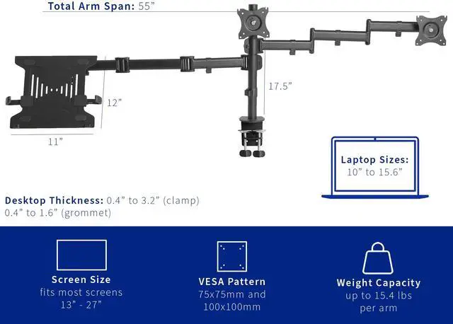 Alt view image 3 of 7 - VIVO Dual 13" to 27" Monitor Mount with Laptop Holder, Horizontal Screen Display